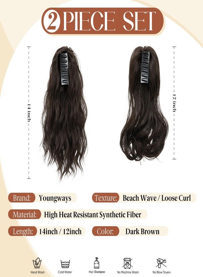 youngways 2 PCS Ponytail Extensions Claw Clip Short Pony Tails Wavy Curly Synthetic Hairpieces for Women 12 Inch + 14Inch Set Dark Brown - Image 2